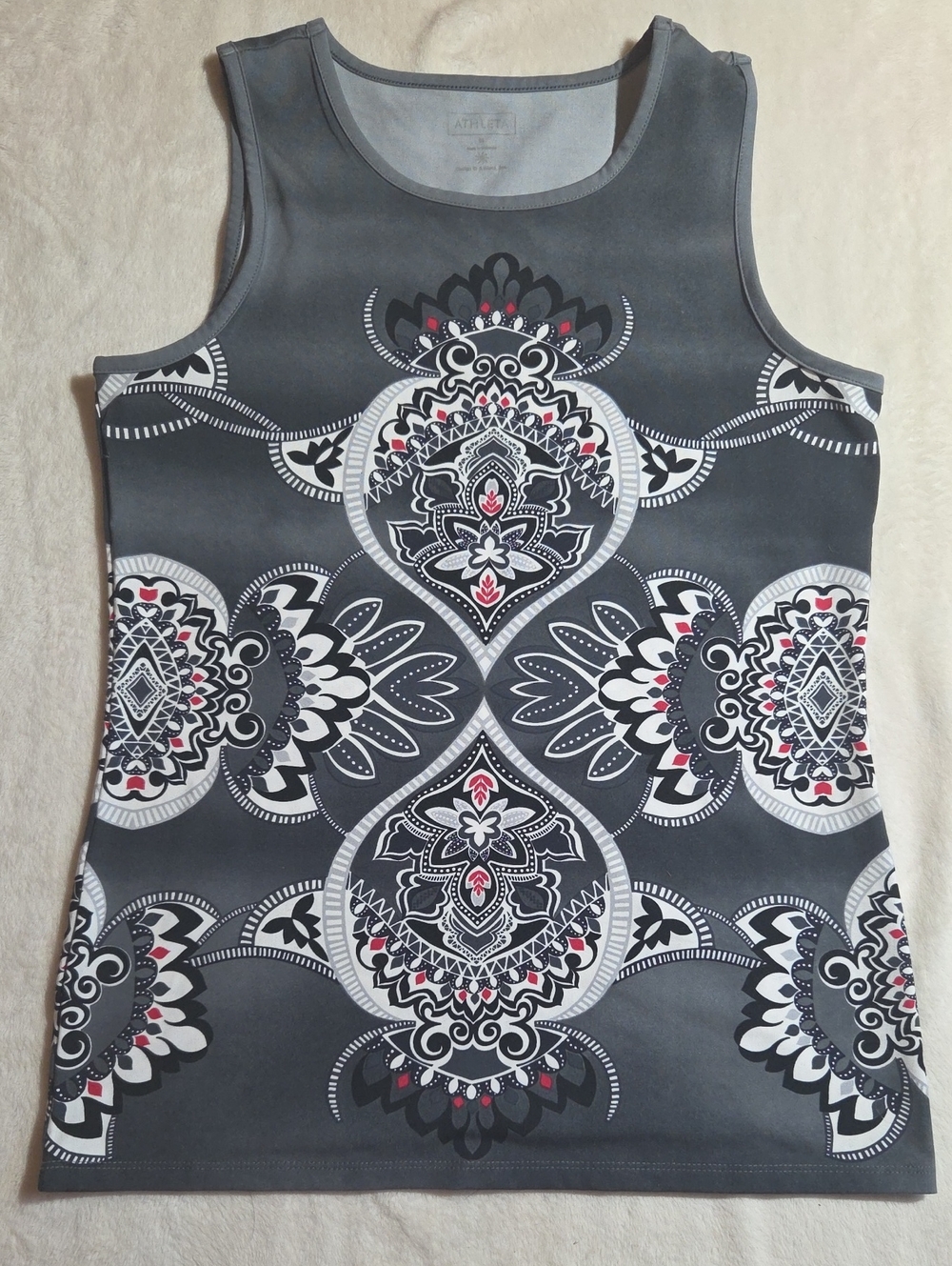 Athleta Gray Tank Top with White & Pink Medallion Print Sz Med